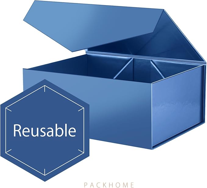PACKHOME 6 Gift Boxes 9x6.5x3.8 Inches, Rectangle Collapsible Boxes with Magnetic Lids for Gift Packaging (Glossy Navy)