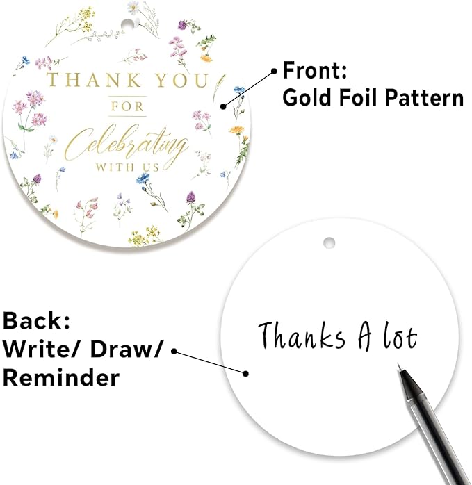 50PCS Thank You Gift Tags, 2x2 inch Wildflower Personalized Gift Tags with String for Wedding Birthdays Party Favors Baby Shower Bridal Shower