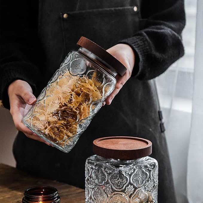 ANSQU Vintage Glass Storage Jar, Glass Canister Storage Jar Container with Airtight Wooden Lid for Kitchen Counter, Pantry, Coffee, Tea, Sugar, Cookie Jars (Round-Begonia)