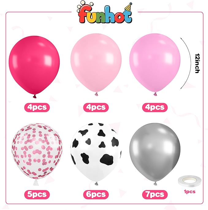 Cowgirl Balloons,12 Inch Cow Print Hot Pink Light Pink and Silver Balloons with Confetti Balloon for Farm Cowgirl Bridal Shower Bachelorette Birthday Party Decorations