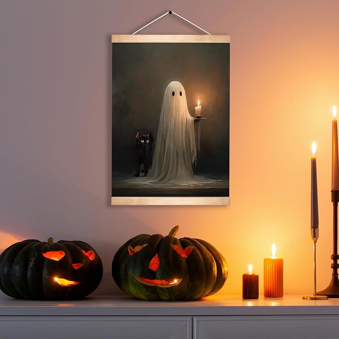 HEYJEEPER Halloween Ghost Holding Candle Linen Canvas Wall Art 18.5x14 Inch, Vintage Spooky Black Cat Gothic Wall Hanging Poster, Retro Haunted Night Decor for Living Room Bedroom Holiday Gift(BLK02)