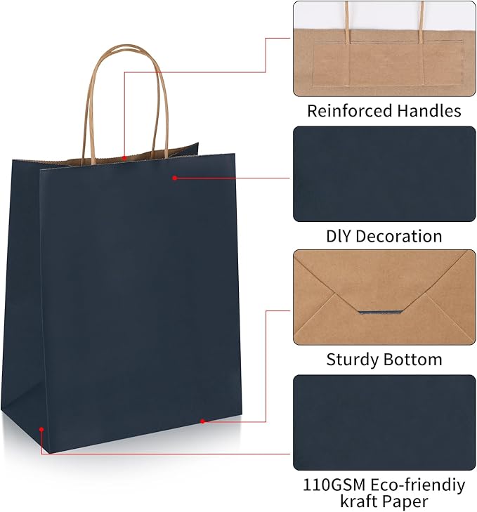 Joybe 50 Pack 8x4.75x10 Inch Medium Navy Blue Kraft Paper Bags with Handles Bulk, Craft Paper Gift Bags for Party Favors Grocery Retail Shopping Business Goody Merchandise Take Out Blank Sacks (50pcs)