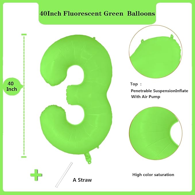 Fluorescent Green Number Balloon 40 inch Giant Foil Helium Balloons Green Number 3 Balloon for 3rd Birthday Party Decorations