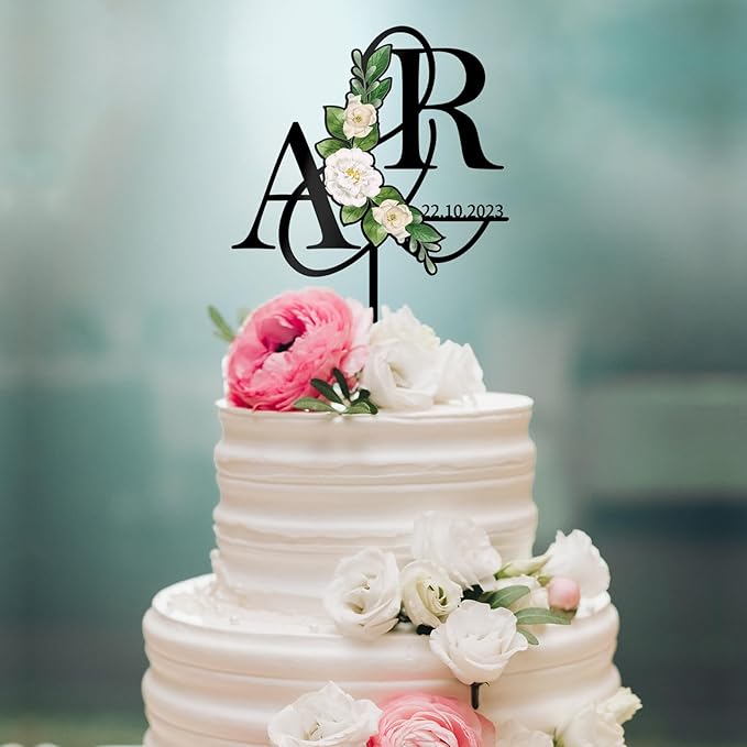 Personalized Wedding Cake Topper in Acrylic Custom Initials & Date Wedding Cake Decoration Printed with Flowers & Green Leaves