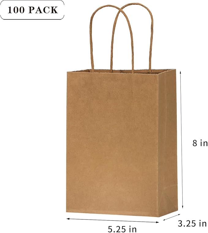 FACEBAG 100-Pack 5.25x3.25x8 Inches Small Gift Bags with Handles, Kraft Brown Paper Bags with handls bulk for Party Favors，Birthday shopping & Retail，Reusable & Durable