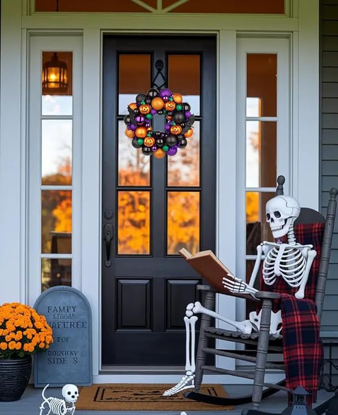 Halloween Wreath for Front Door, 13 inch Small Halloween Ball Wreath with Pumpkins Bats Shatterproof Front Door Wreaths Orange/Purple/Black Ball Ornament for Wall Mantel Porch Indoor Outdoor Decor