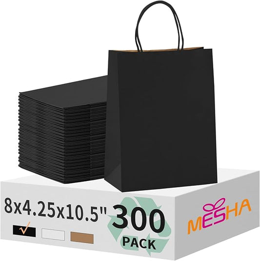 MESHA Gift Paper Bags 300 PACK 8x4.25x10.5'' Black Medium Shopping Kraft Bags Bulk with Handles Reusable for Business,Grocery,Birthday,Wedding,Kids Party,Favors