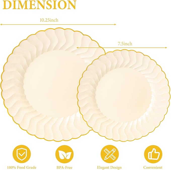 Lullaby 60PCS Light Yellow Plastic Plates, Disposable Elegant Plates Include 30pcs Dinner Plate 10.25", 30pcs Plastic Dessert Plate 7.5", Perfect for Wedding and Party