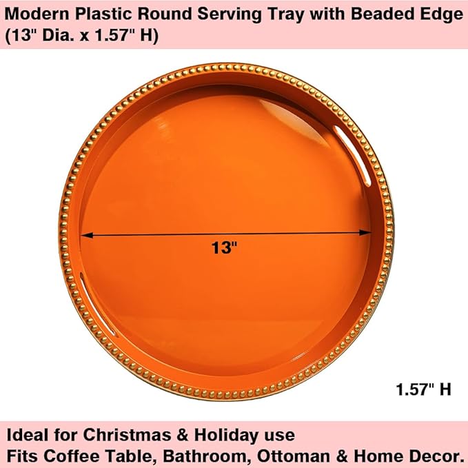 Orange Decorative Tray for Coffee Table, Round Beaded Plastic Serving Tray forKitchen Counter, Ottoman, Living Room,(13")