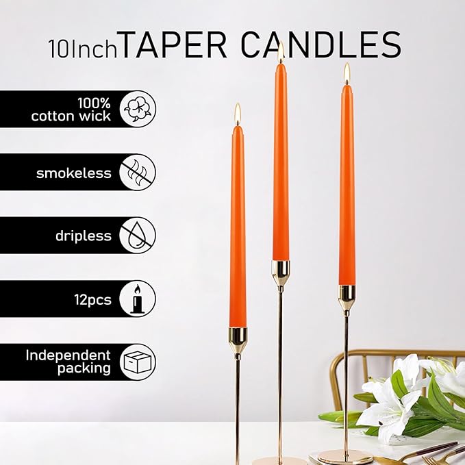 10 Inch Orange Slender Taper Candles Set - 12 Pcs Dripless, Smokeless with Cotton Wick, Ideal for Halloween,Thanksgiving,Dinner, Weddings & Home Decor.