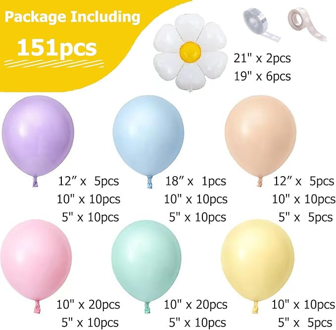 Beliueyes 151pcs Balloon Garland Arch Kit, Daisy Light Purple Blue Cyan Yellow Blush Pink Balloons for Fall Bridal Shower Baby Shower Birthday Theme Party Decorations