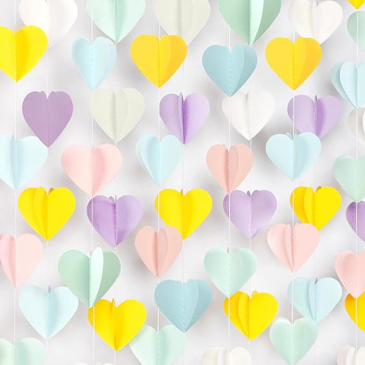 Pastel-Rainbow Party-Decorations 3D Heart Garland - 39Ft Yellow Blue Pink Purple Mint Hanging Paper Streamers Banner, Engagement Wedding Bachelorette Baby Bridal Shower Decor Ouruola