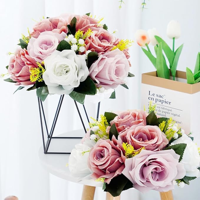 10Pcs Artificial Flower Balls for Centerpieces, Large Round Rose Balls for Parties Valentine's Day Wedding Centerpieces and Home Office Decor (Dusty Pink & White)