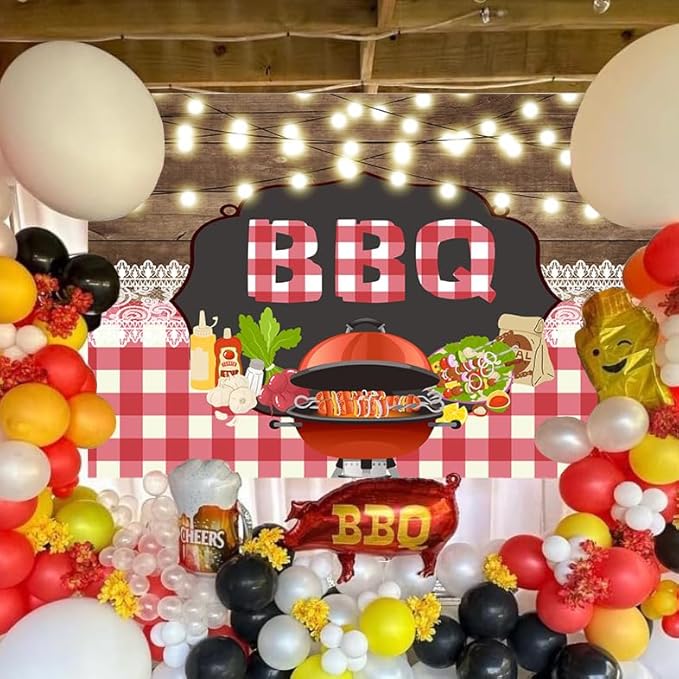 CORFOTO 5x3ft BBQ Family Party Backdrop Brown Wooden Board String Lights Lace Barbecue in The Wild BBQ Theme Party Background Kids Adult Bridal Shower Summer Park Decorations Cake Table Banner