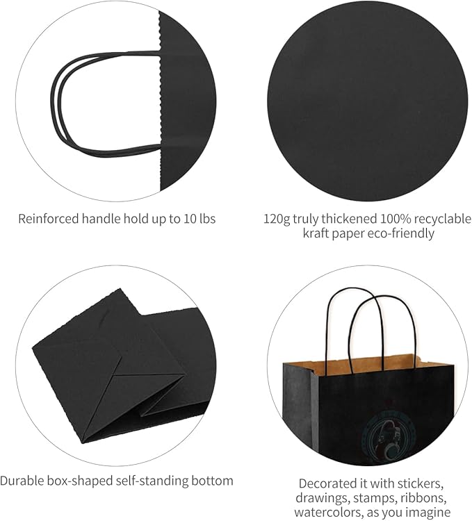 COGLARING 100Pcs Black Gift Bags with Handles - 11x5.9x11 Inch Kraft Paper Bags for Parties, Shopping, Grocery & Takeout - Bulk Black Paper Gift Bags