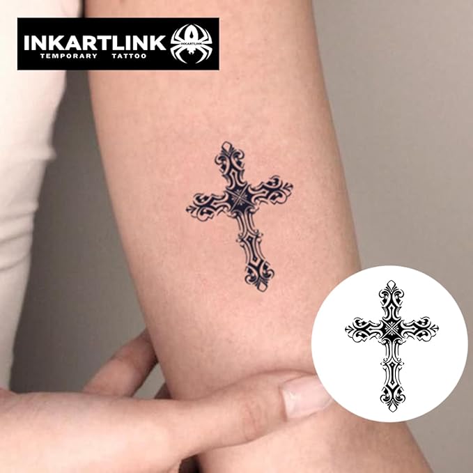 INKARTLINK Tattoo Tech, 3 Sheets Small Semi Permanent Tattoo, Adult Art Design Temporary Tattoos, Lasts 1-2 Weeks, Waterproof, Realistic Look, No Adhesive, No Reflection (Actually, a Cross)
