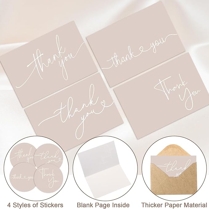 Teling 200 Set Thank You Cards with Envelopes Bulk, 6 x 4 Inch Blank Thank U Greeting Notes with Brown Kraft Envelopes Stickers Thankyou Card Set for Graduation Wedding Birthday Baby Shower (Khaki)