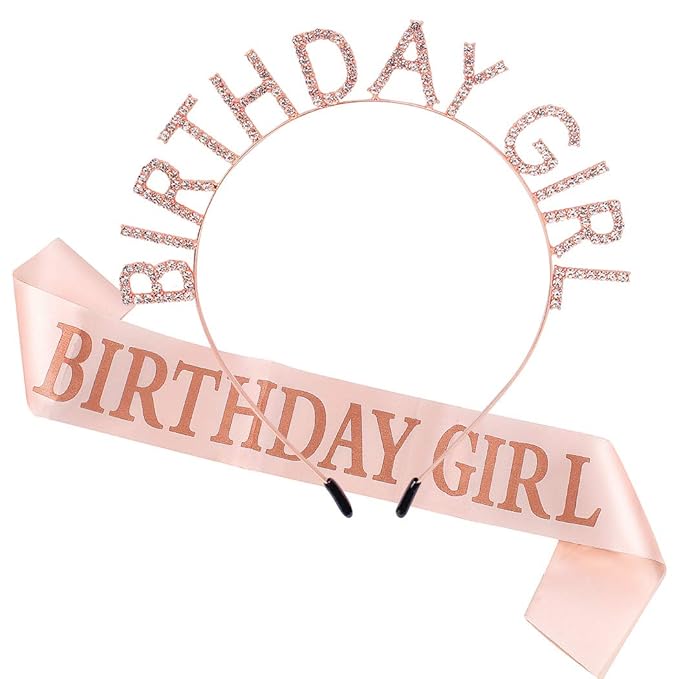 AOPRIE Birthday Girl Crown for Women with Sash Rose Gold Tiara for Women Headband Princess Crown Rhinestone Happy Birthday Accessories