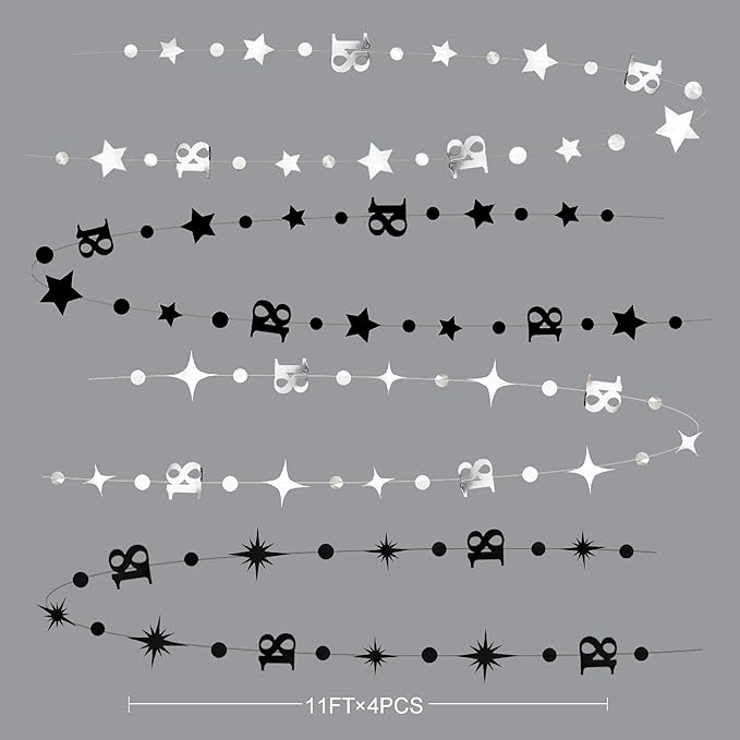Silver Black 18th Birthday Decorations Number 18 Circle Dot Twinkle Star Garland Streamer Banner Backdrop for Girls Boys Happy 18th Birthday Time to Adult Cheers to 18 Years Old Anniversary Party