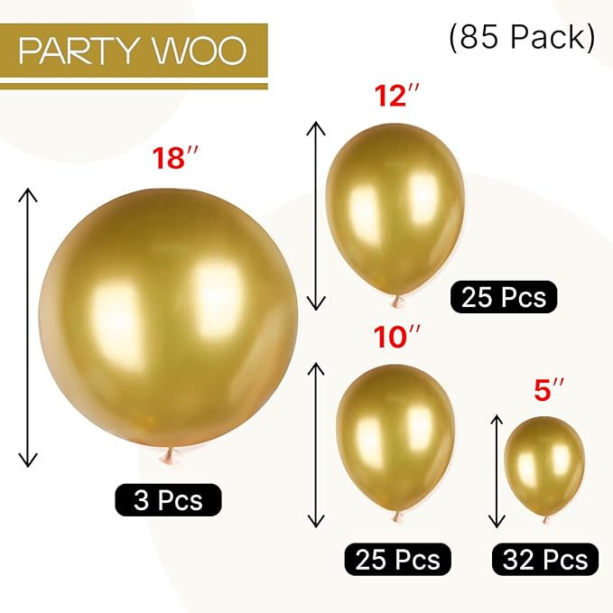 PartyWoo Metallic Gold Balloons, 85 pcs Gold Metallic Balloons Different Sizes Pack of 18 Inch 12 Inch 10 Inch 5 Inch Gold Balloons for Balloon Garland or Balloon Arch as Party Decorations, Gold-G101