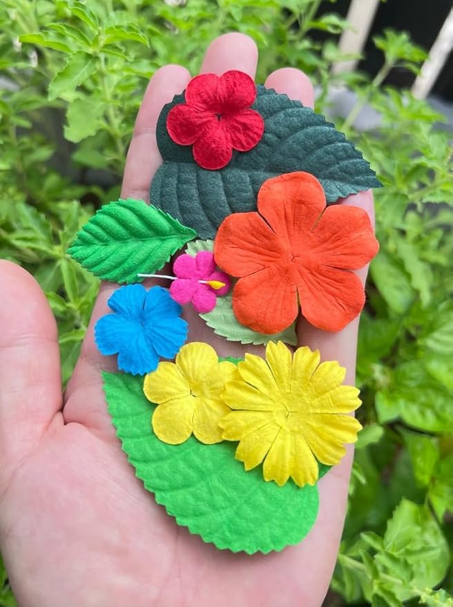 100 Pcs Handmade Mixed Mulberry Paper Flowers Petals and Leaves Scrapbooking Wedding DIY Craft Supplies Card(Mixed Colors Flowers/Green Tone Leaves)