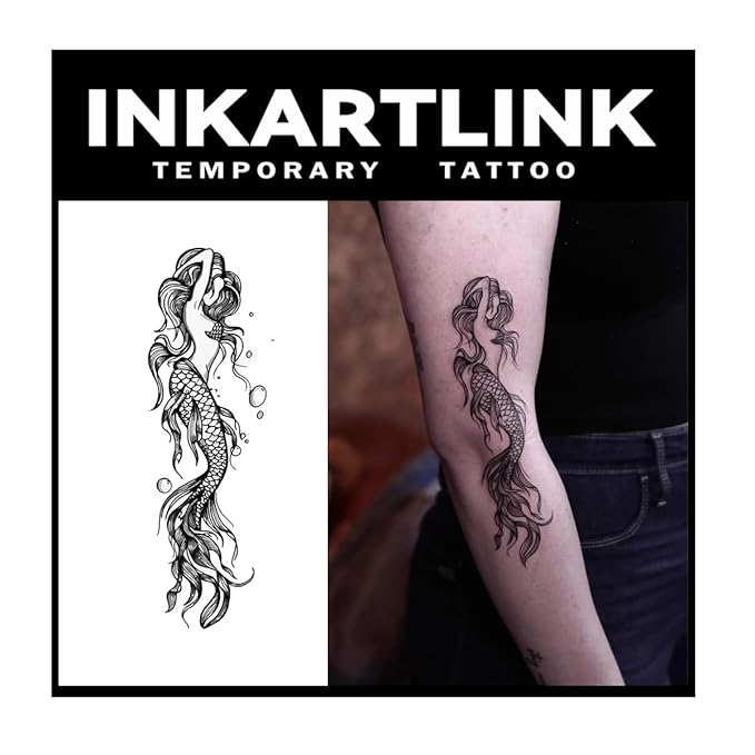 INKARTLINK Tattoo Tech, 2 Sheets Medium Semi Permanent Tattoo, Adult Art Design Temporary Tattoos, Lasts 1-2 Weeks, Waterproof, Realistic Look, No Adhesive, No Reflection (Just like a Mermaid Design)