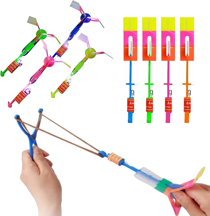 50 Pcs LED Flying Set, Flying Rocket Copters Outdoor Game Toys Glow in The Dark Party Supplies Party Favors for Kids 8-12,4-8, 25 Slingshot+25 Glow Helicopter