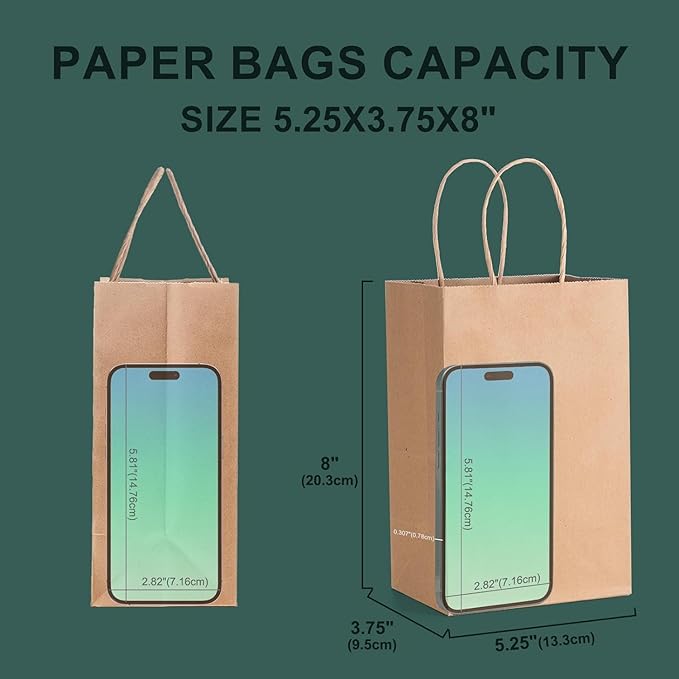 METRONIC Paper Gift Bags 5.25x3.75x8 Inch 20Pcs, Gift Wrap Bags with Handles, Brown Kraft Paper Bag for Small Business, Heavy Duty Bulk Bag for Birthday Party Favors, Shopping, Retail