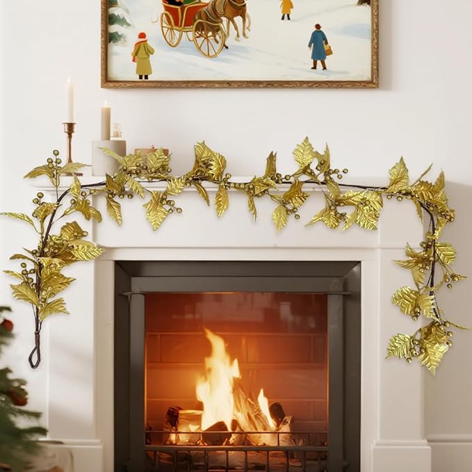 72inch Christams Garland for Front Door,Artificial Golden Leaves Paired with Golden Berries for Window, Wall, Porch, and Other Indoor and Out Door Home Decorations