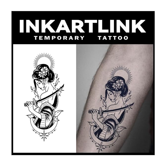 INKARTLINK Tattoo Tech, 2 Sheets Large Semi Permanent Tattoo, Adult Art Design Temporary Tattoos, Lasts 1-2 Weeks, Waterproof, Realistic Look, No Adhesive, No Reflection (Japanese Warrior Girl Design)