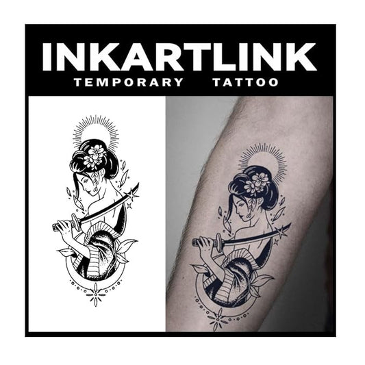 INKARTLINK Tattoo Tech, 2 Sheets Large Semi Permanent Tattoo, Adult Art Design Temporary Tattoos, Lasts 1-2 Weeks, Waterproof, Realistic Look, No Adhesive, No Reflection (Japanese Warrior Girl Design)