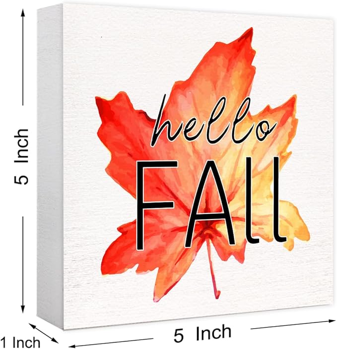Funny Hello Fall Wood Box Sign Hello Autumn Maple Leaves Wooden Block Desk Decor for Home Office Kitchen Cubicle Table Shelf Tabletop,Farmhouse Fall Sign Decor