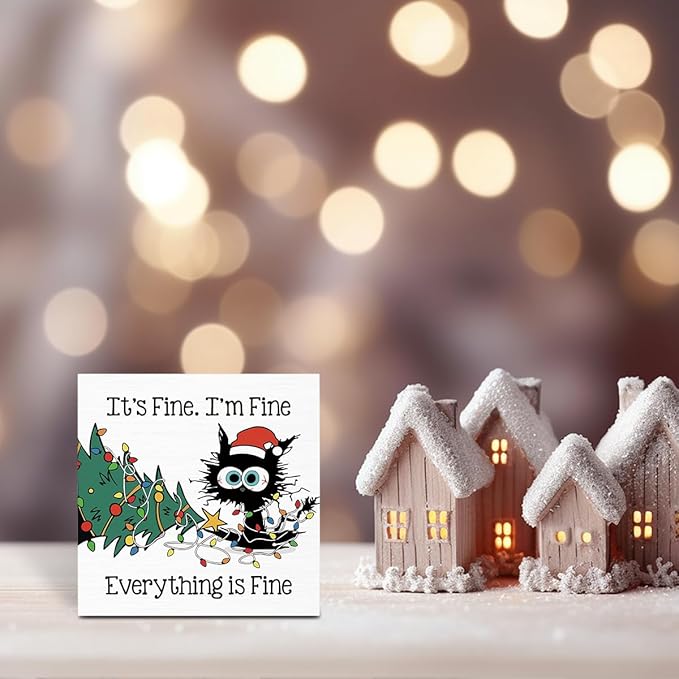 He Sees You When You're Pooping Bathroom Sign Christmas Bathroom Decorations Funny Black Cat Tree Decor for Home Desk Table Shelf 5 X 5 Inch
