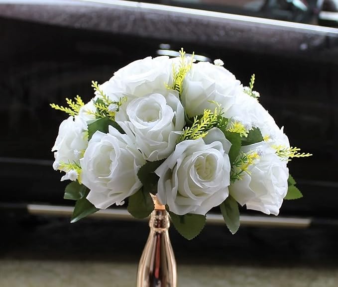 Artificial Roses Flowers - 2 Pack Faux Flower Balls Fake Flower 15 Heads Plastic Roses with Base Perfect for Wedding Bouquets Party Table Décor Home Decoration Bouquet for Wedding Centerpieces（White）