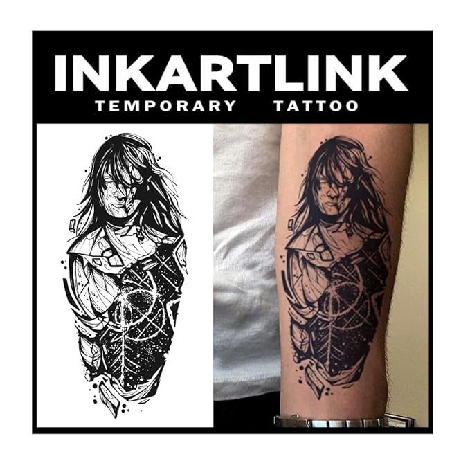 INKARTLINK Tattoo Tech, 2 Sheets Medium Semi Permanent Tattoo, Adult Art Design Temporary Tattoos, Lasts 1-2 Weeks, Waterproof, Realistic Look, No Reflection (warrior)