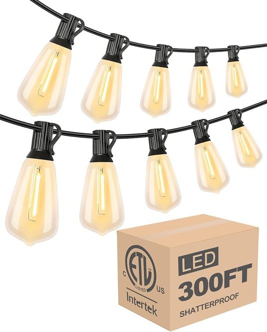 Lightdot 300FT Outdoor String Lights, LED Bistro String Lights with Shatterproof ST38 Bulbs, 2200K Dimmable, Waterproof Hanging Lights for Porch, Party, Garden, Backyard, Balcony - ETL Listed
