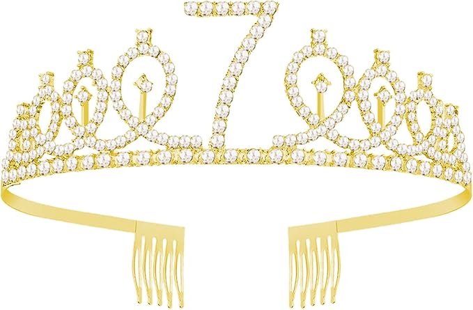 7th Birthday Party Set - Glitter Sash, Tiara Crown, and Decorations for Girls, Gold