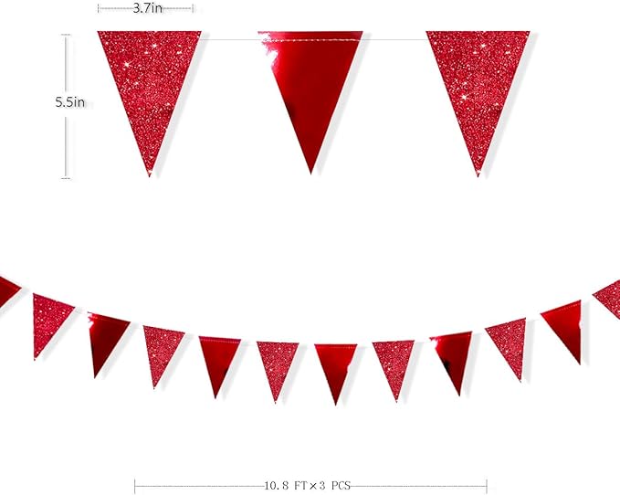 30Ft Red Party Decorations Glitter Metallic Paper Triangle Banner Flag Pennant Bunting for Graduation Wedding Engagement Anniversary Bachelorette Birthday Bridal Shower Valentines Hen Party Supplies