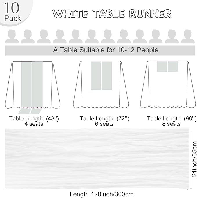 10 Pack White Table Runner 120 Inch Cheesecloth Table Runner 10FT Rustic Boho Gauze Table Runner Long Cheese Cloth Table Runner Semi Sheer Runners for Wedding Bridal Baby Shower Party