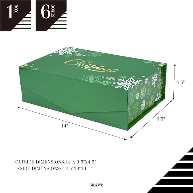 BLK&WH 6 Christmas Gift Boxes 13.5x9x4.1 Inches, Green Large Collapsible Gift Boxes with Magnetic Lids (Green, Snowflake)