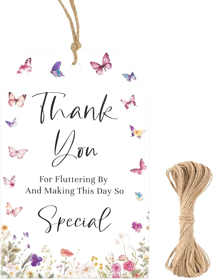 G2PLUS Butterfly Thank You Tags, 50 Pcs Thank You for Fluttering by Tags, Floral Butterflies Paper Gift Tag with String for Baby Shower, Birthday, Wedding Party Favors