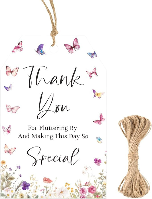 G2PLUS Butterfly Thank You Tags, 50 Pcs Thank You for Fluttering by Tags, Floral Butterflies Paper Gift Tag with String for Baby Shower, Birthday, Wedding Party Favors
