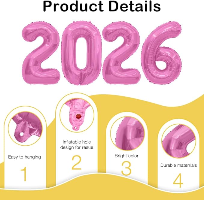 2026 Balloons, 2026 Number Balloons, 2026 Pink Balloon, Foil Happy New Year Balloon for New Year Eve Party Supplies 2026 Graduation Decorations Anniversary Birthday Home Office Decorations, 16 Inch