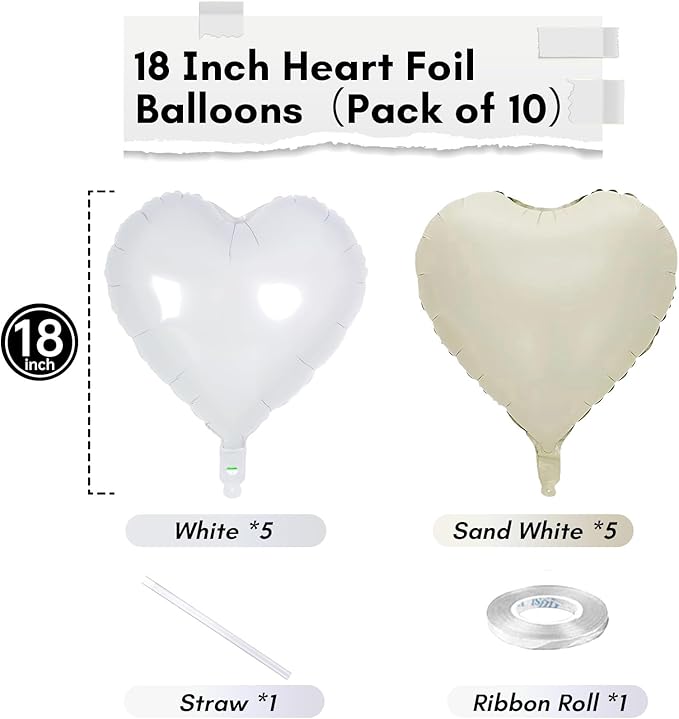 Cream Heart Foil Balloon, 18 Inch Sand White Heart Shape Foil Balloon, Beige Heart Balloons with Grey White Helium Balloons for Valentines Day Boho Birthday Bridal Shower Wedding Baby Shower