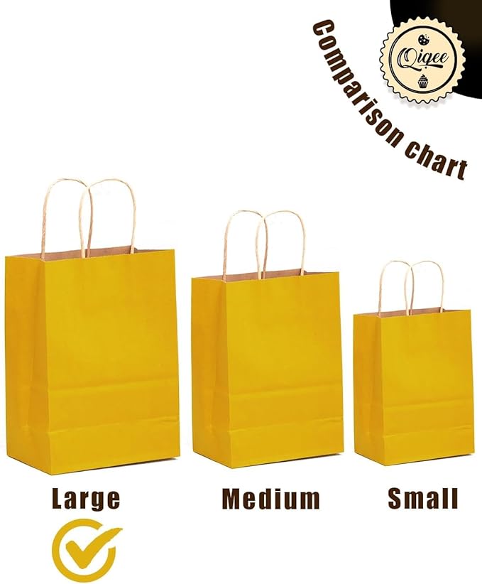 qiqee Large Kraft Paper Bags with Handles 13"x10"x5" 32 pcs Gift Paper Bag Bright Yellow Solid Color Bags（Large Size）