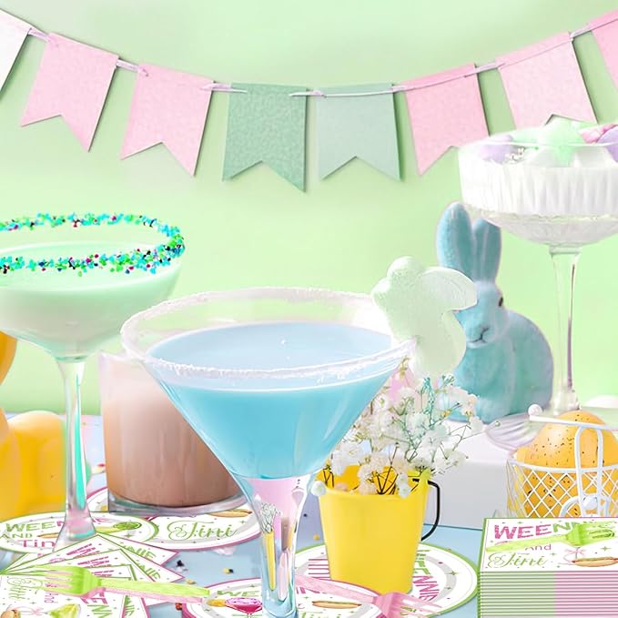 96Pcs Martini Party Decoration Disposable Tableware Set - Weenies and Tini Paper Plates Napkins Forks Pink Green Martini Theme Bridal Shower Engagement Bachelorette Party Supplies Serve 24 Guests