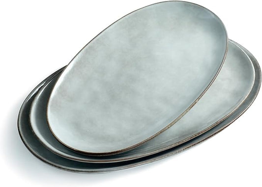 famiware Serving Platter, Oval 15.59/14.3/12.9inch Serving Dishes for Entertaining, Serving Bowls, Reactive Glaze, Stoneware Serving Trays for Party, Food, Turkey, Cheese, Ocean Series, Grey