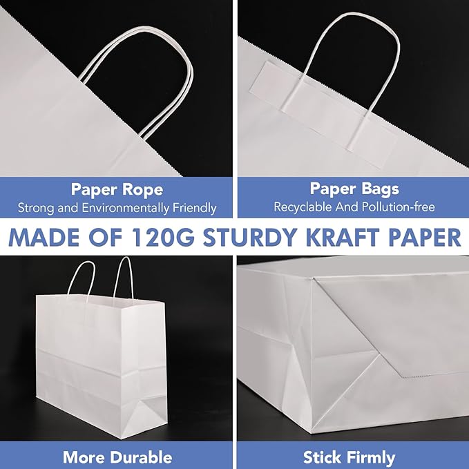 XPCARE 100Pcs 16x6x12 Inches Large Paper Bags with Handles Kraft Paper Bag Gift Bags with Handles Shopping White Paper Bag for Business Merchandise Wedding Party Favors