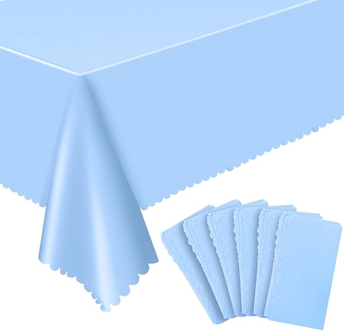6 Pack Plastic Light Blue Tablecloth, 54 X 108Inch Disposable Baby Blue Scalloped Dessert Tablecoth for Rectangle Table Waterproof Spring Table Cover for BBQ Picnic Wedding Birthday Baby Shower Decor