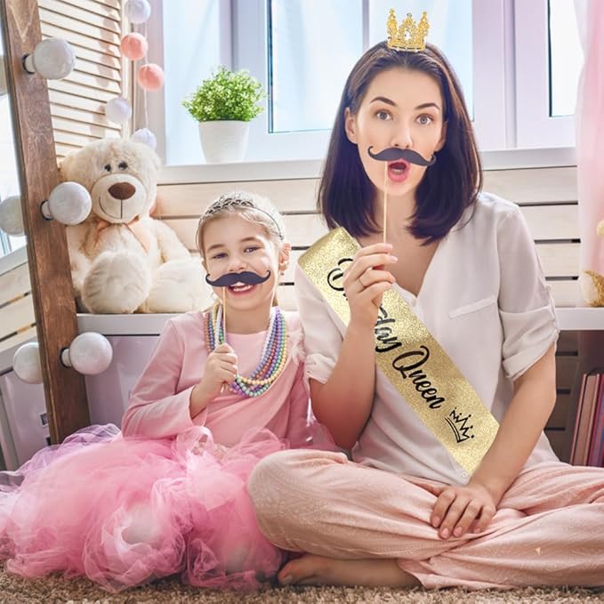 Birthday Queen Sash for Women Tiara & Crowns Headbands for Girls Happy Birthday Party Accessories Favor Supllies Leona Black Gold Pink, 2 Pack